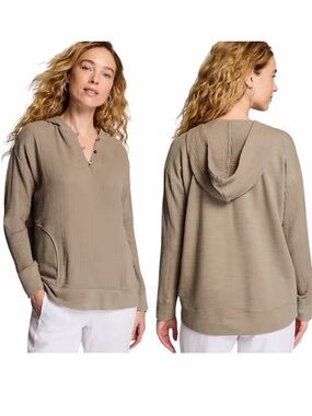 J.Jill Pure Jill Gauze Hoodie Top Driftwood Brown Lightweight PS